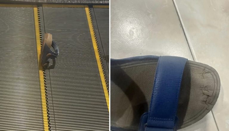 Man calls mall’s attention after his shoe gets stuck in escalator