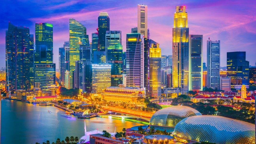 Singapore city skyline at twilight.