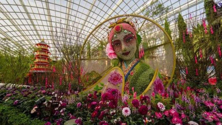 Blossoms and lanterns in Chinese New Year celebration at Gardens by the Bay